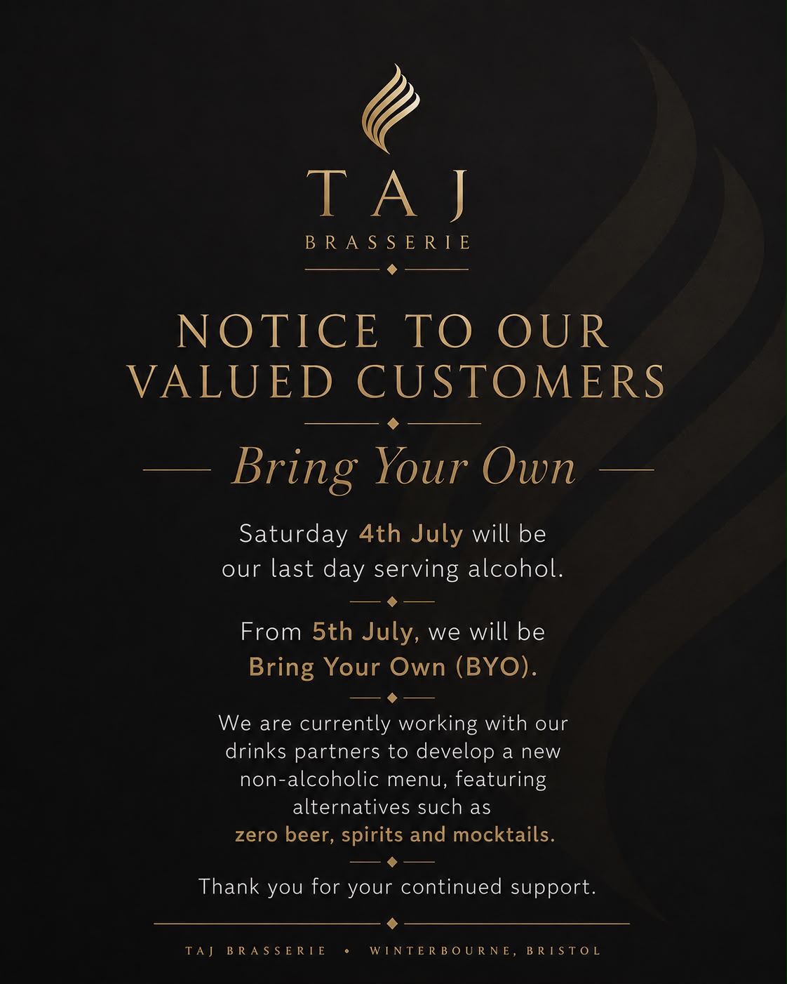 Taj Brasserie BYO Announcement